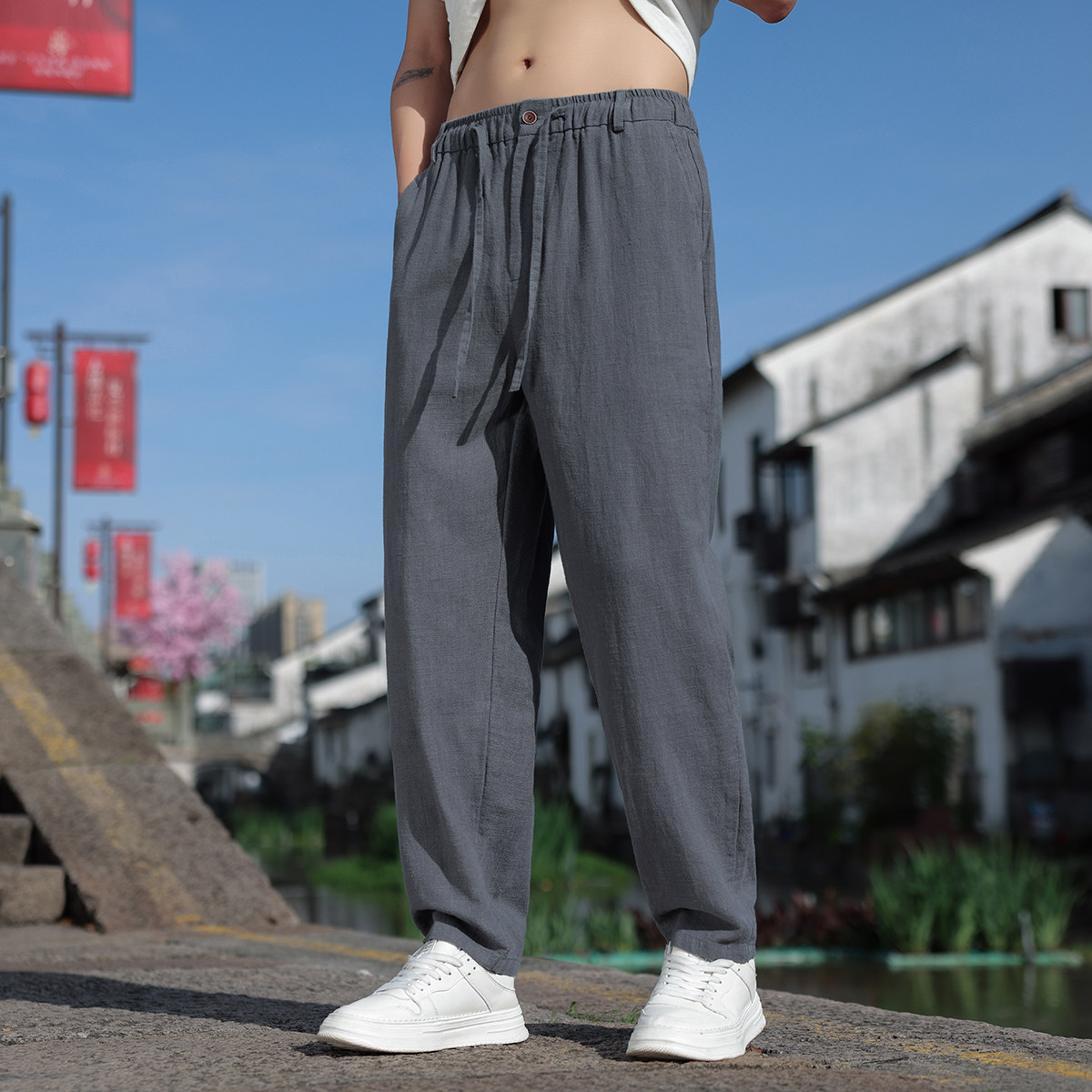 K45P75风夏季长裤直筒休闲棉麻宽松大码亚麻裤深灰色图片