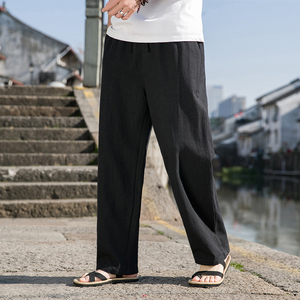 K41P75春夏棉麻裤子男风复古直筒长裤亚麻宽松透气休闲裤黑色,黑色长连衣裙鞋子搭配图片
