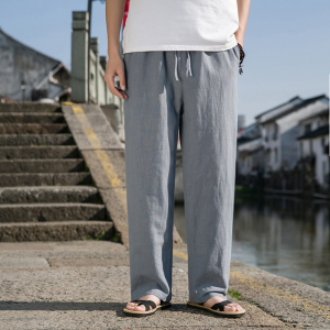 K41P75春夏棉麻裤子男风复古直筒长裤亚麻宽松透气休闲裤灰色图片