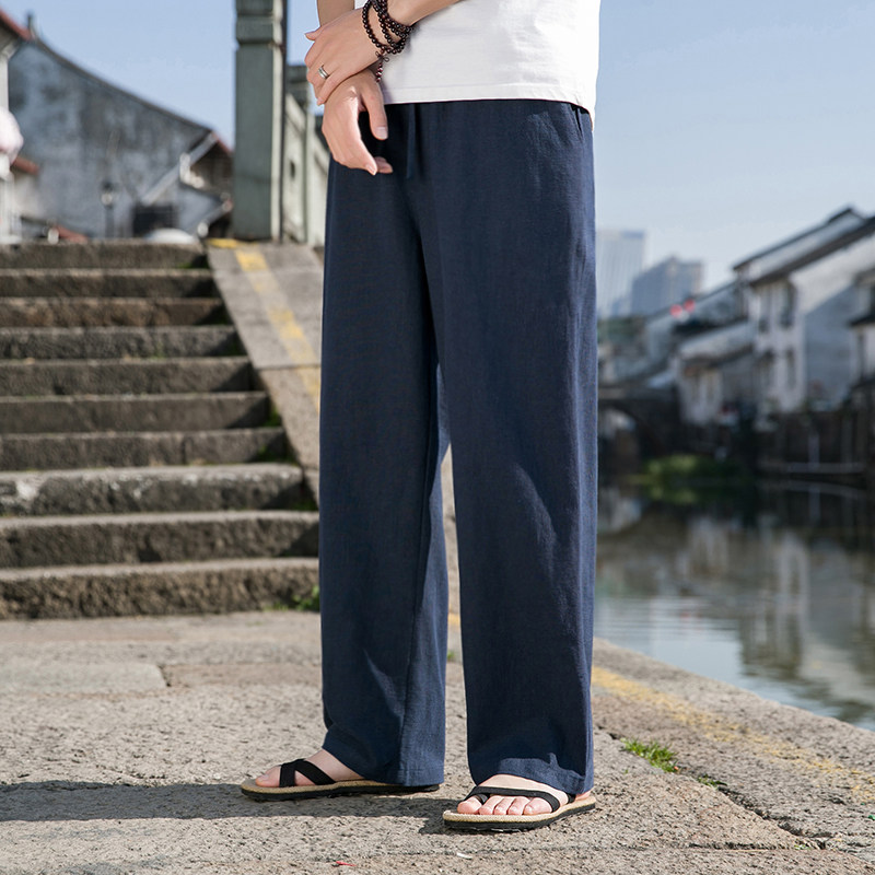 K41P75春夏棉麻裤子男风复古直筒长裤亚麻宽松透气休闲裤藏青,男装休闲裤,星座704A（原B229A）