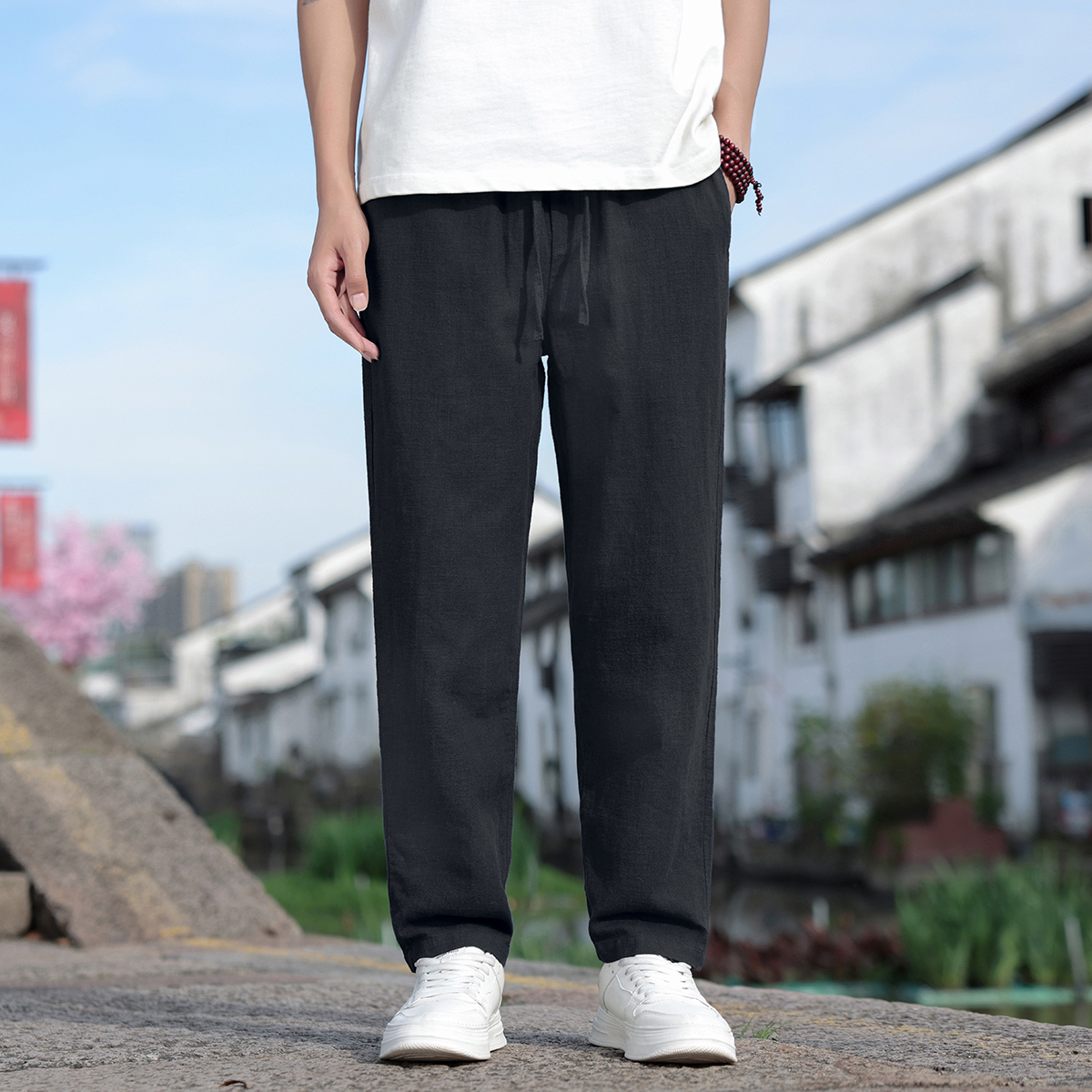 K44P75风夏季小脚九分裤直筒休闲裤棉麻宽松大码亚麻裤黑色，男装休闲裤，星座704A（原B229A）