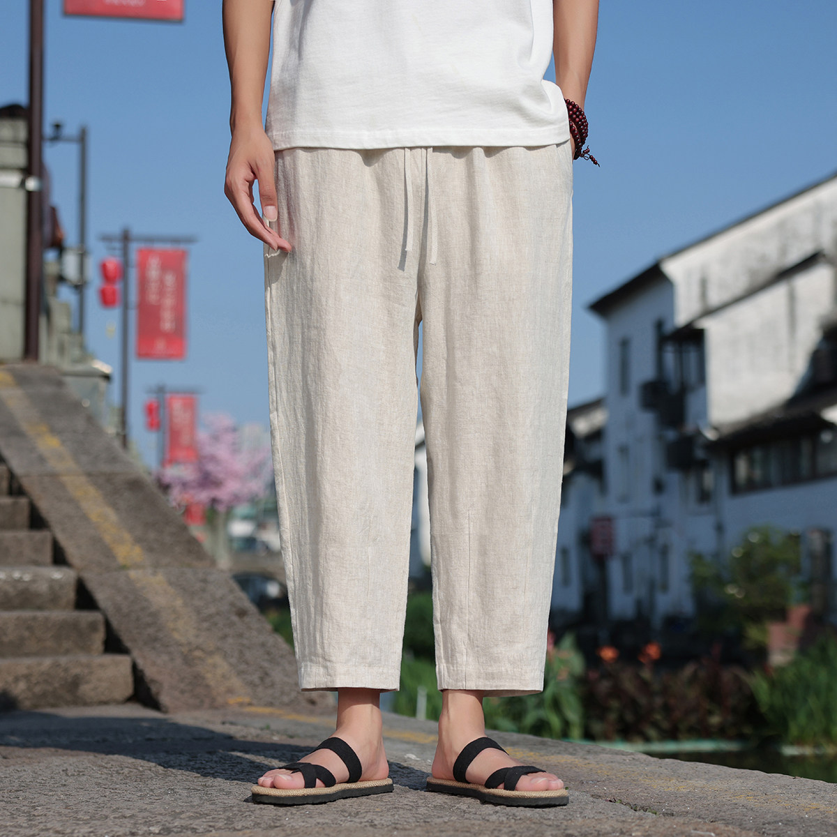 K28P105风复古纯亚麻裤子夏季薄宽松小脚褶皱九分裤男，男装休闲裤，星座704A（原B229A）