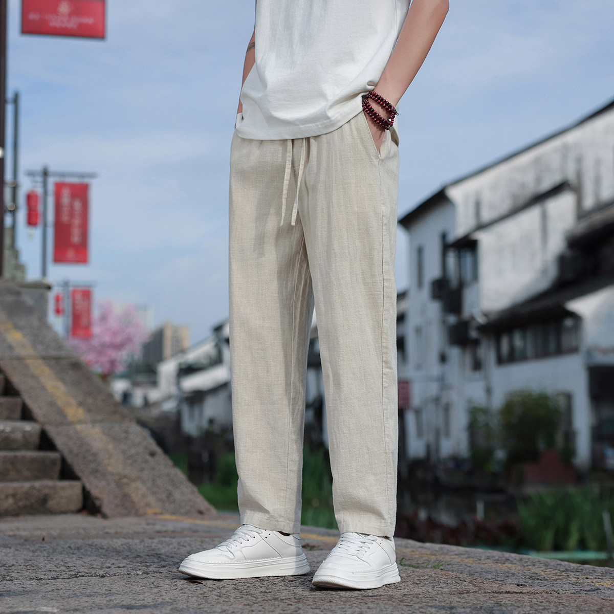 K44P75风夏季小脚九分裤直筒休闲裤棉麻宽松大码亚麻裤米白色,男装休闲裤,星座704A（原B229A）