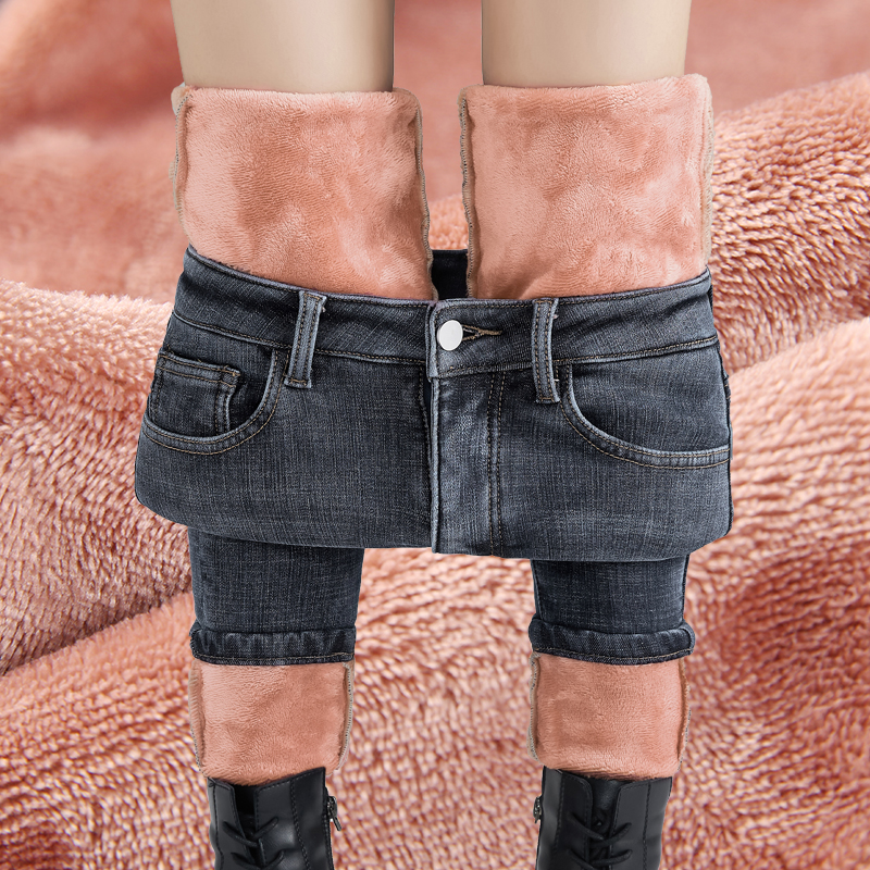 Real shot winter high waisted new Korean style Plush thickened jeans women's elastic slim little foot pencil pants