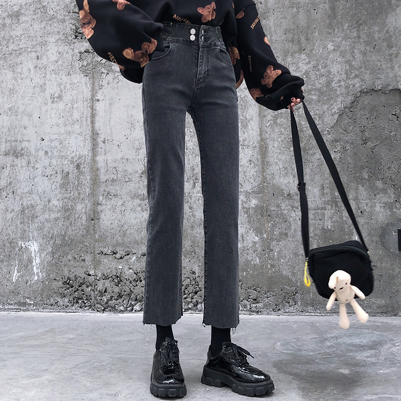 Real shot high waist straight tube loose jeans women's new look tall and thin, dark smoke pipe eight point small