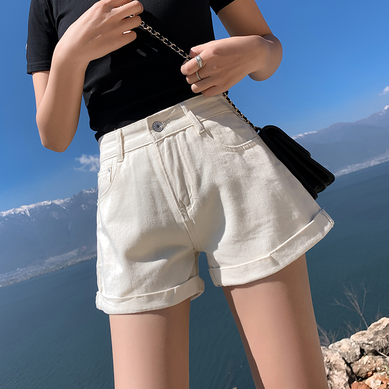 Women's Wide Leg Denim Shorts summer loose new super high waist show thin character Beige pants trend