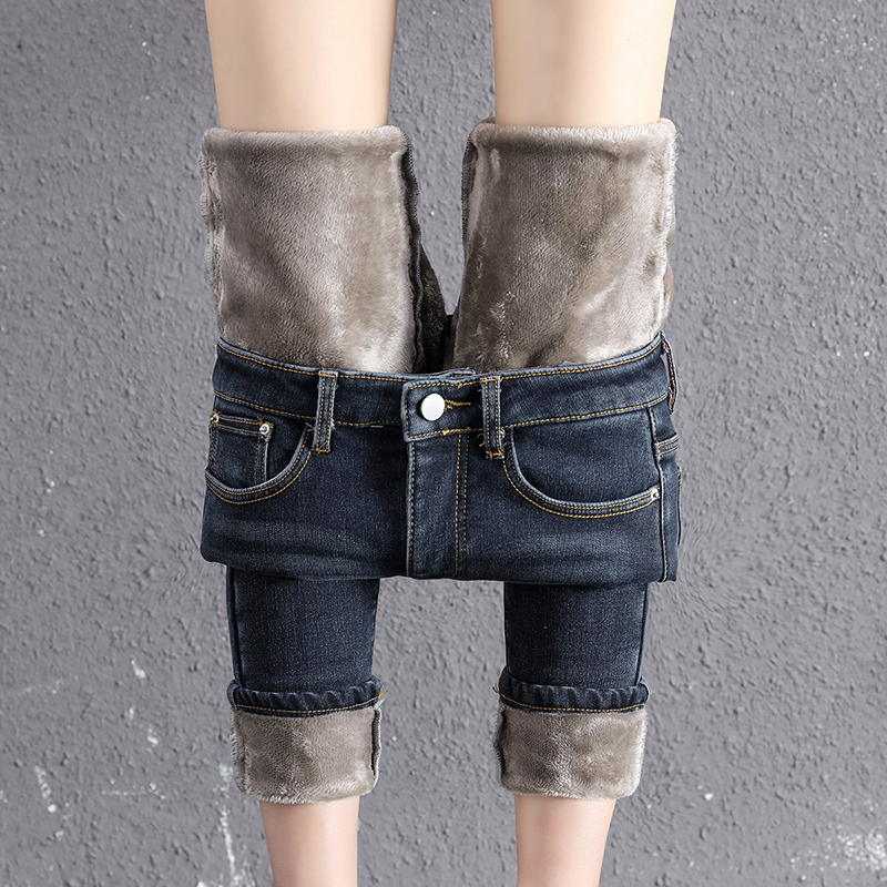 Real shot Plush jeans female winter high waisted, slim and thick skinny little foot pencil pants