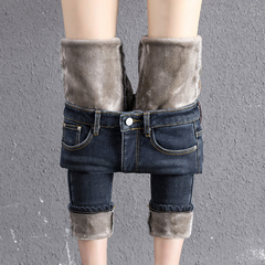 Real shot Plush jeans female winter high waisted, slim and thick skinny little foot pencil pants