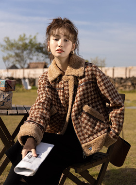 谜秀冬季千鸟格翻领毛绒外套MXB44W0501