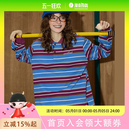 coolhut美式复古条纹长袖T恤2025秋季女式翻领