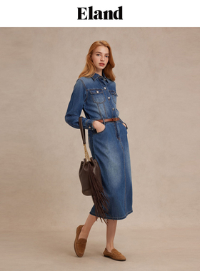 Eland衣恋衬衫裙女美式复古风H型微落肩设计牛仔连衣裙25春季