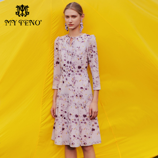 马天奴秋紫色印花连衣裙子收腰气质时尚MDS130DRX0