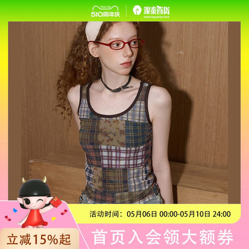 COOLHUT美式复古辣妹风圆领无袖拼接格纹2025春夏女式背心设计感吊带
