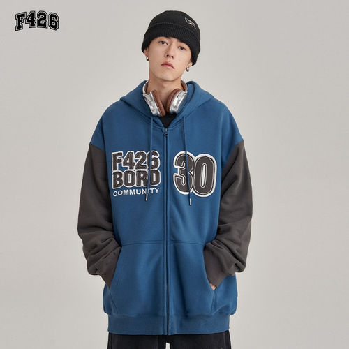 F426国潮牌春季情侣宽松撞色袖子毛毡贴布绣开衫卫衣BDWT23SS-4866