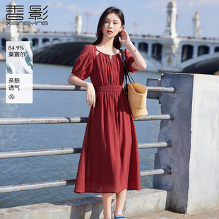 香影绝美红色连衣裙女2025夏季新款泡泡袖波嬉风海边沙滩裙子