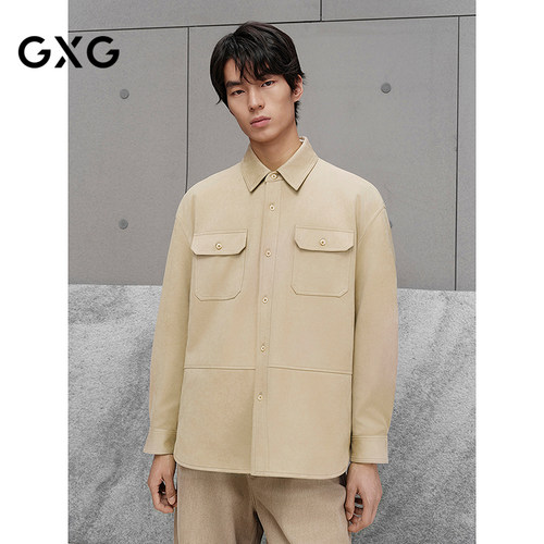GXG男装杏色长袖衬衫轻工装衬衣25年秋季品G25X033060