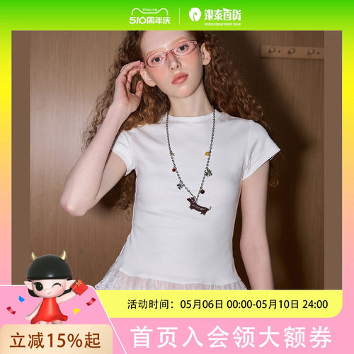 coolhut拼接蕾丝简约圆领修身花边2025夏季女式T恤甜美设计感