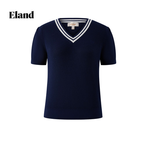 Eland衣恋毛衣女撞色V领短袖针织衫上衣