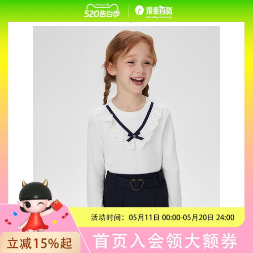 PawinPaw卡通小熊童装25年春季女童蕾丝领T恤PCLWF2321M
