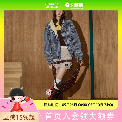 coolhut双面可穿个性日系抽绳立领宽松格纹女式外套