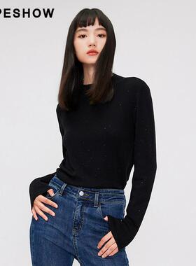 红袖HOPESHOW黑色针织衫冬季女装珠片半高领毛衣