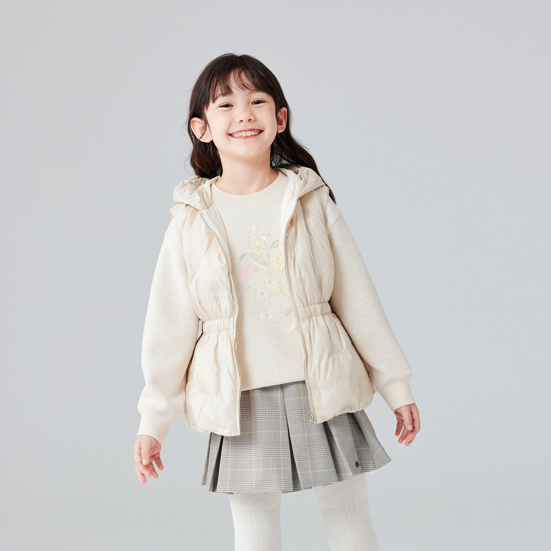 Mitti儿童羽绒马甲短款连帽收腰轻盈保暖鸭绒外套女童
