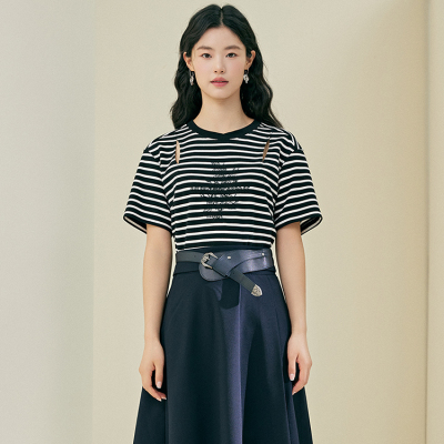 pit  2024夏装女士简约时尚条纹镂空短袖圆领T恤103C420619