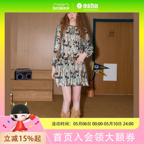 coolhut收褶浪漫复古波西米亚风夏日2025夏季连衣裙碎花收腰