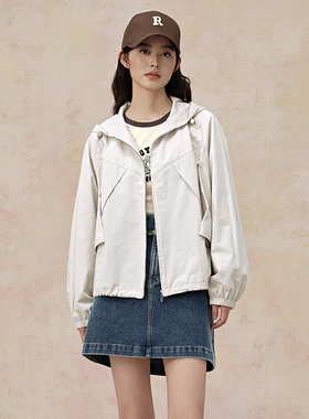 pit复古连帽拉链风衣短外套女2024秋小个子宽松夹克上衣短款风衣-108C430312