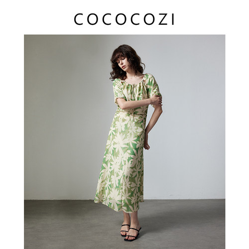 COCOCOZI夏季气质复古收腰碎花时尚绿色女装连衣裙242co051L