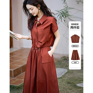 dme德玛纳【100全棉府绸套装】夏季翻领大口袋猪皮扣上衣A字半裙两件套G540221682602