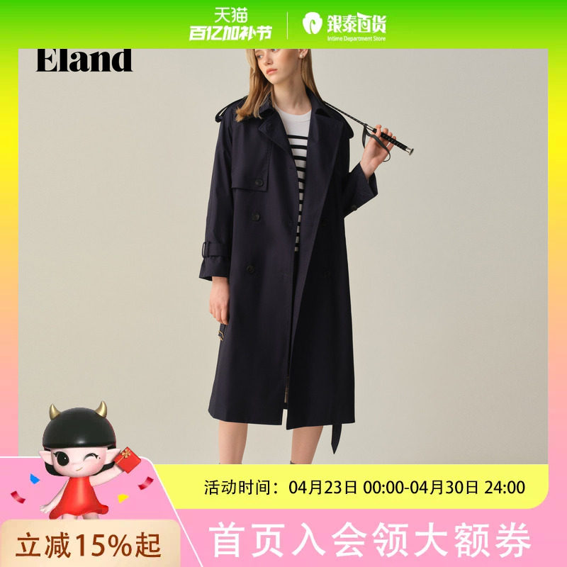 【100%棉】Eland衣恋风衣女英伦风双排扣外套2025秋季EEJTF49M01