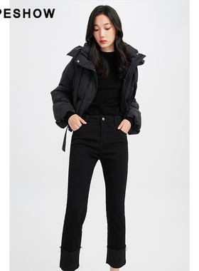 红袖商场同款HOPESHOW黑色牛仔裤冬季女装磨毛翻边直筒裤89223381302