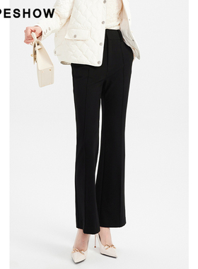 红袖HOPESHOW黑色喇叭裤冬季女装压褶修身长裤89223381202