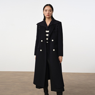 Dekashell/迪卡轩2025冬季新款双排扣大衣女长款翻领毛呢外套R473087
