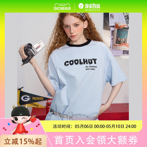 coolhut拼色插肩袖宽松圆领休闲字母短袖2025夏季女式T恤纯棉上衣