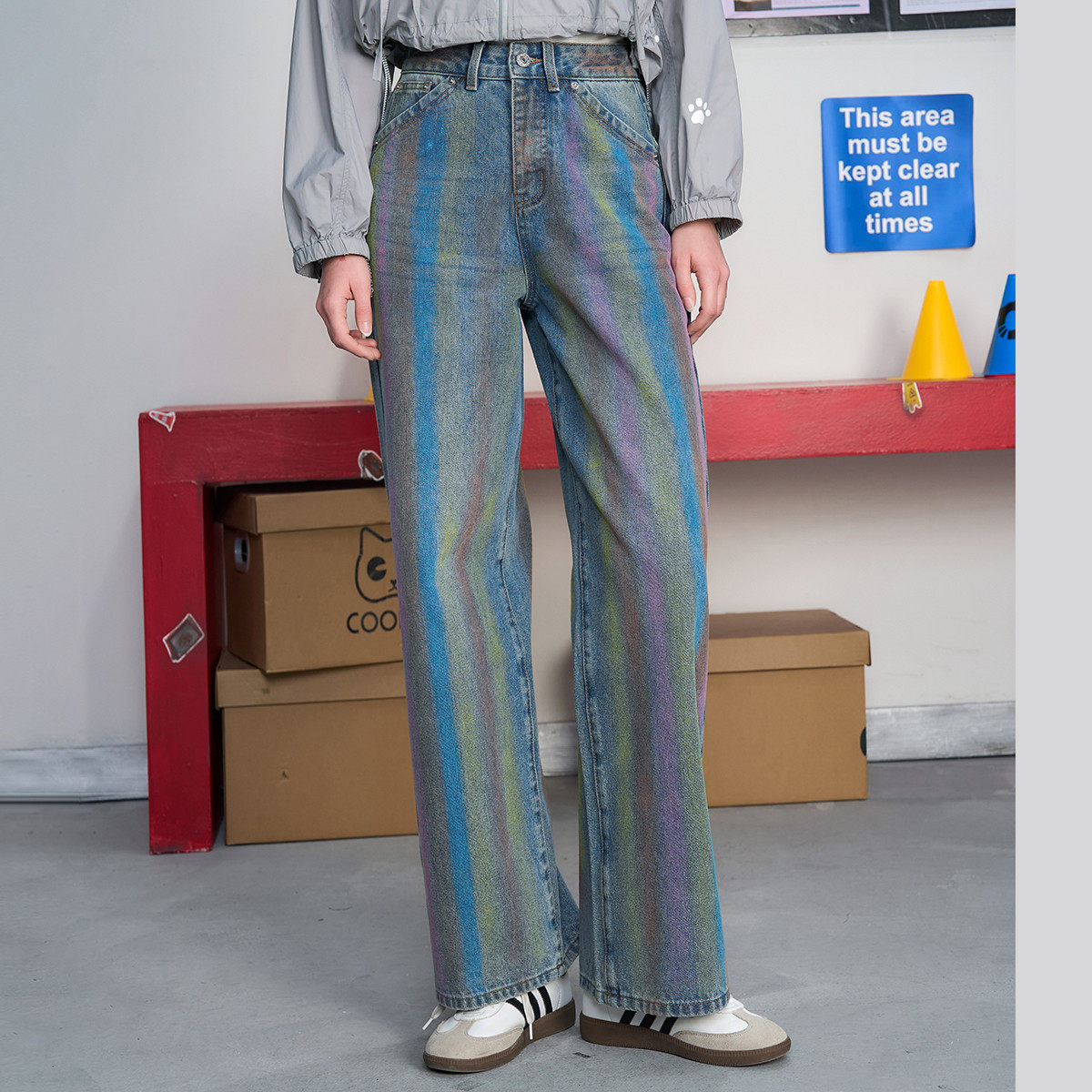 coolhut美式彩绘高腰涂鸦高街宽松阔腿直筒长裤2025夏女式牛仔裤