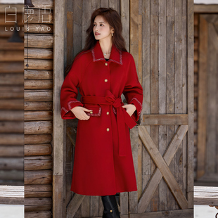 白鹿语织带翻领撞色扣大衣25冬款 呢子外套女ZBX20018 气质腰带中长款