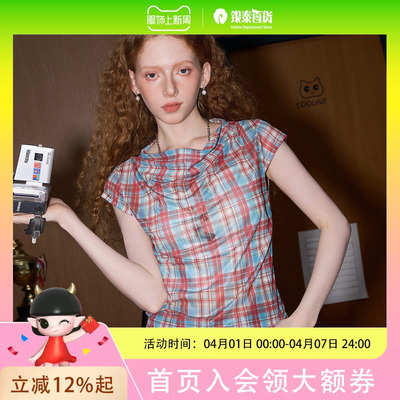 coolhut短款荡领短袖复古格纹小衫撞色2025夏季女式衬衫小众薄款