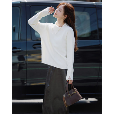 dme德玛纳【淡人职场】冬季设计感不规则领拼接线衫慵懒风舒适针织衫女上衣M540420348703