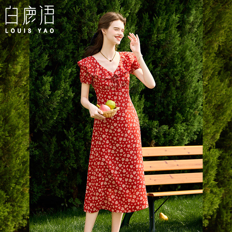 白鹿语法式复古女人味碎花裙25夏季款荷叶边V领收腰显瘦女连衣裙WYU20149