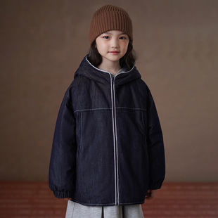 哈齿童装儿童连帽牛仔外套简约宽松男童女童3M新雪丽棉服冬季保暖