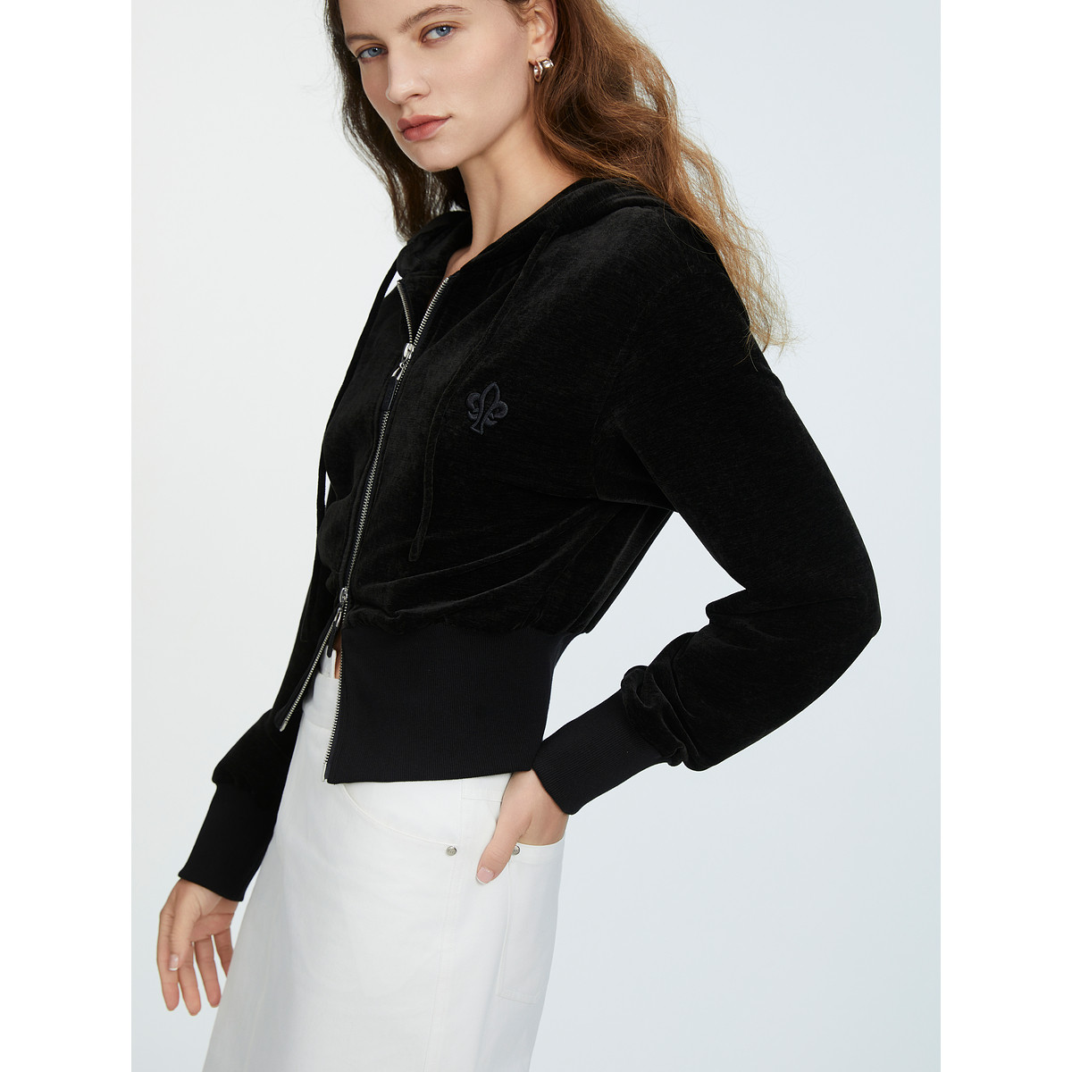 【商场同款】ELLE黑色设计感双拉链连帽卫衣女2025春款休闲外套