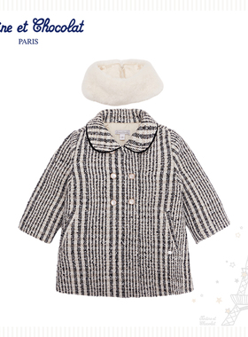 tartineetchocolat法国巧克力童装女童千鸟格毛领大衣CIJWC1C44A
