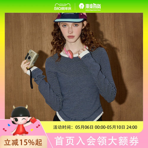 coolhut复古假两件拼接条纹长袖修身长袖内搭上衣2025秋季女式T恤