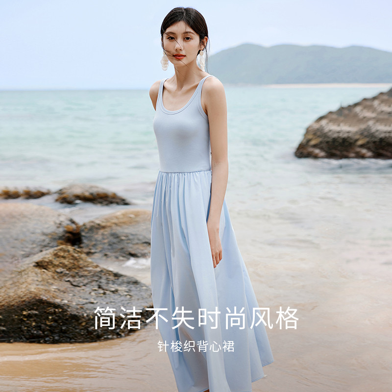 香影吊带无袖蓝色连衣裙女2025夏季新款中长高腰海边法式背心裙子