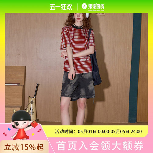 coolhut美式条纹宽松慵懒风复古2025夏季女式T恤撞色刺绣短袖