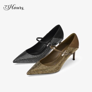 73hours女鞋镜头跟随2025秋季尖头细高跟黑色玛丽珍浅口单鞋