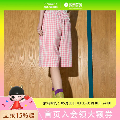 coolhut格子松紧腰宽松直筒阔腿裤2025夏季女式休闲裤中长款