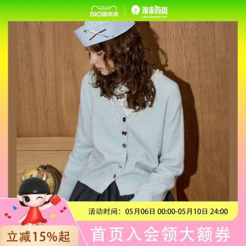 coolhut蕾丝拼接2025秋季女式蝴蝶结蕾丝宽松针织开衫